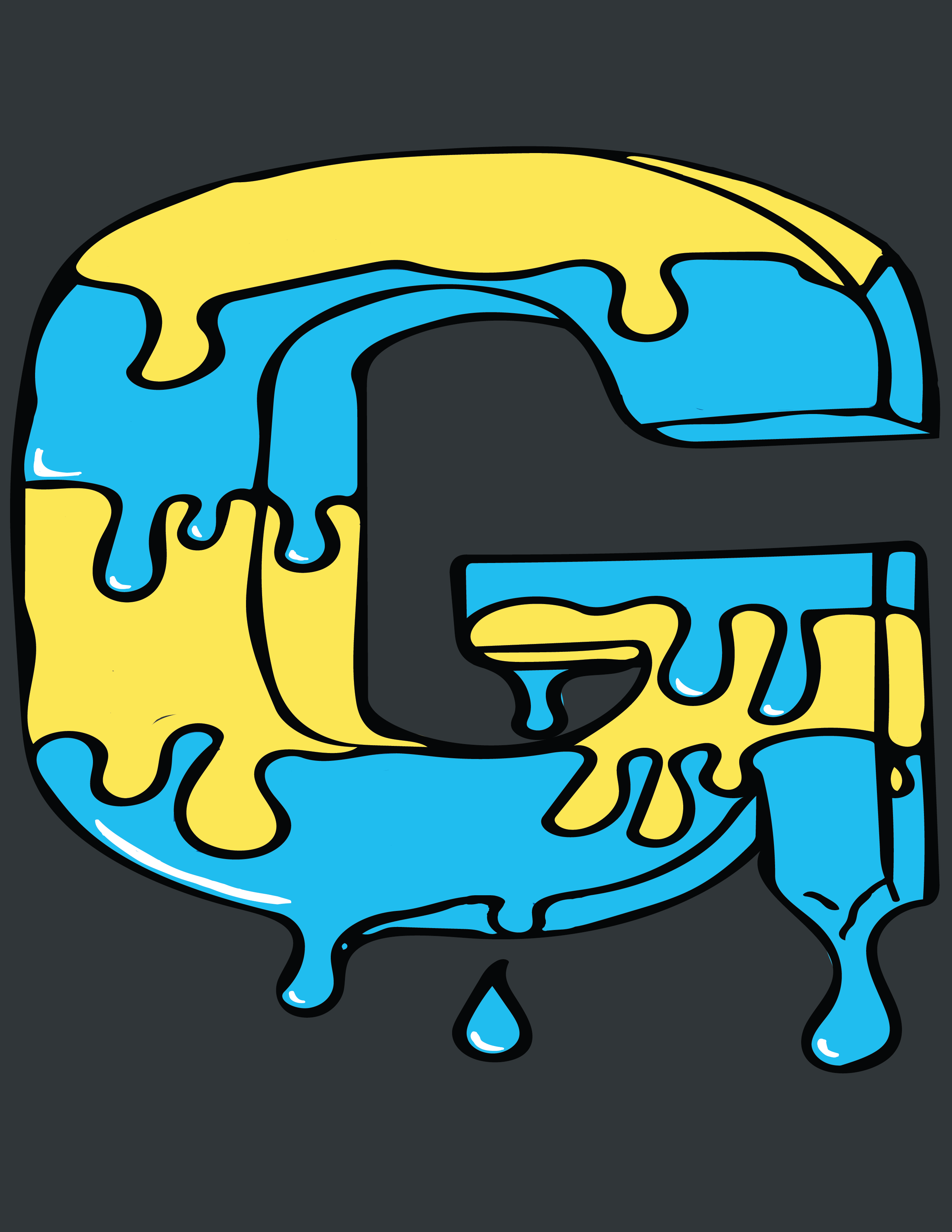 A blue and yellow letter g that is melting.